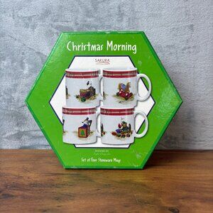 4 Sakura Christmas  Morning Stoneware Mugs in Box Drum Pony Jack in the Box